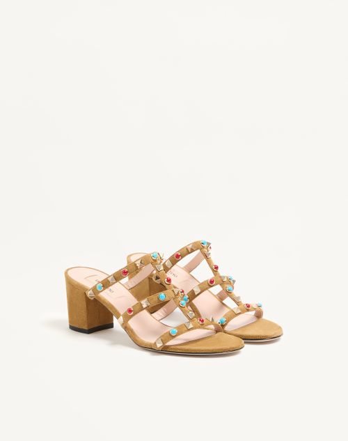 Valentino Garavani - Rockstud Slide Sandal In Suede With Cabochon Stones 60mm - Havana Beige - Woman - Sandals